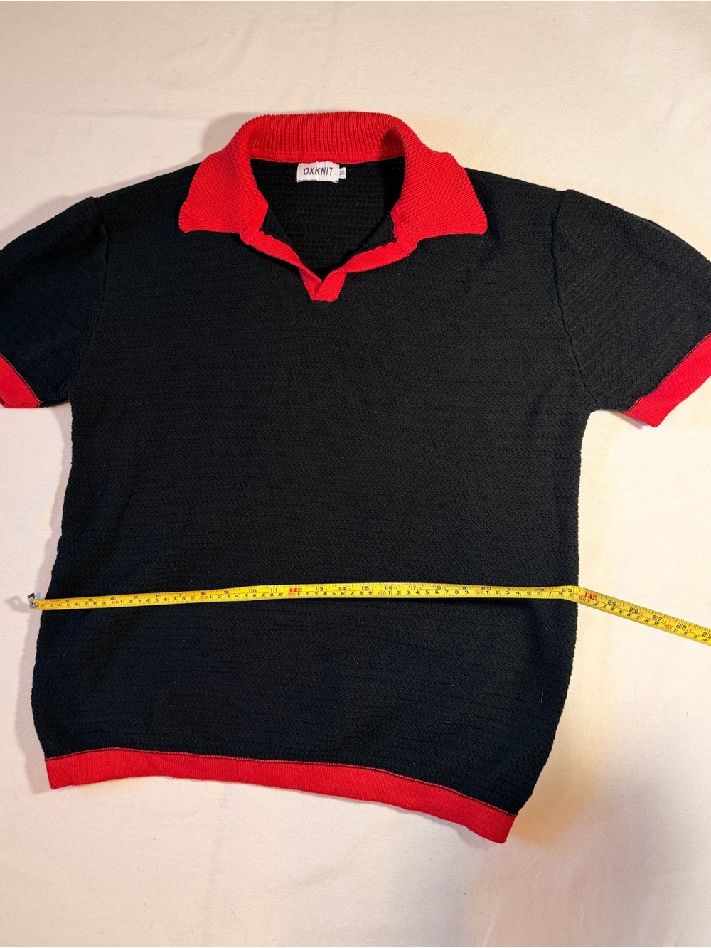 OXKNIT Men’s 70s Retro Knit Polo Black Red Contrast V-Neck Size 3XL - Picture 5 of 7